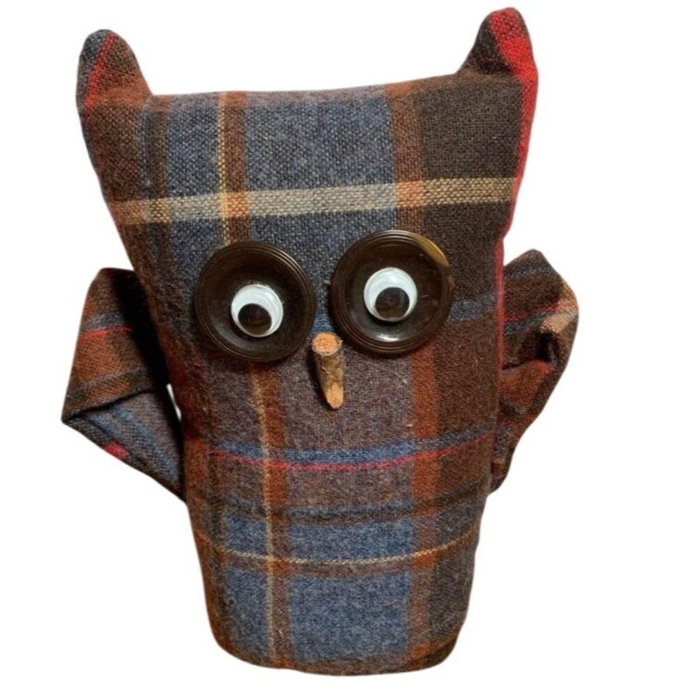 Handmade Plaid Owl Doorstop With Button Eyes – 8.5” Tall Cute Home Decor